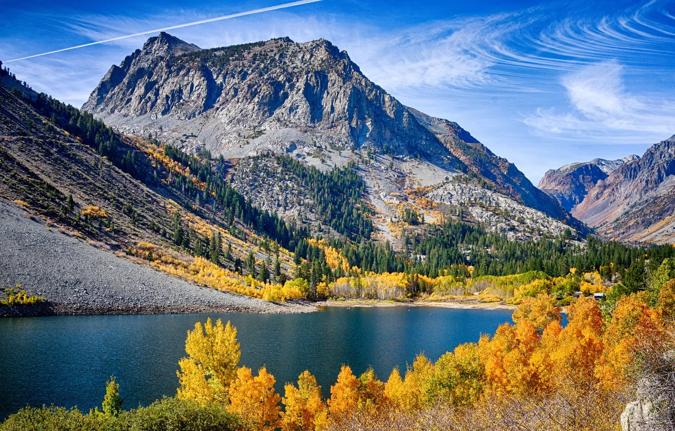 Photo wallpaper autumn, the sky, clouds, trees, mountains, lake