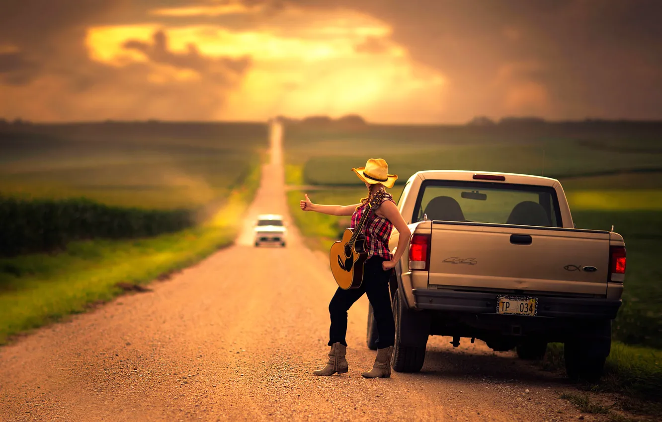Photo wallpaper auto, guitar, space, girl.road, Broke Down