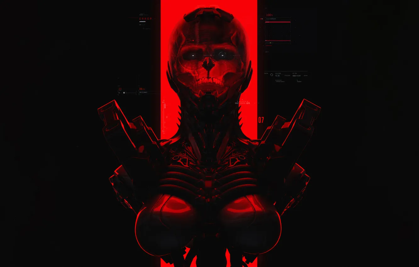 Photo wallpaper art, look, cyborg, dark background, Abrar Khan, red-black