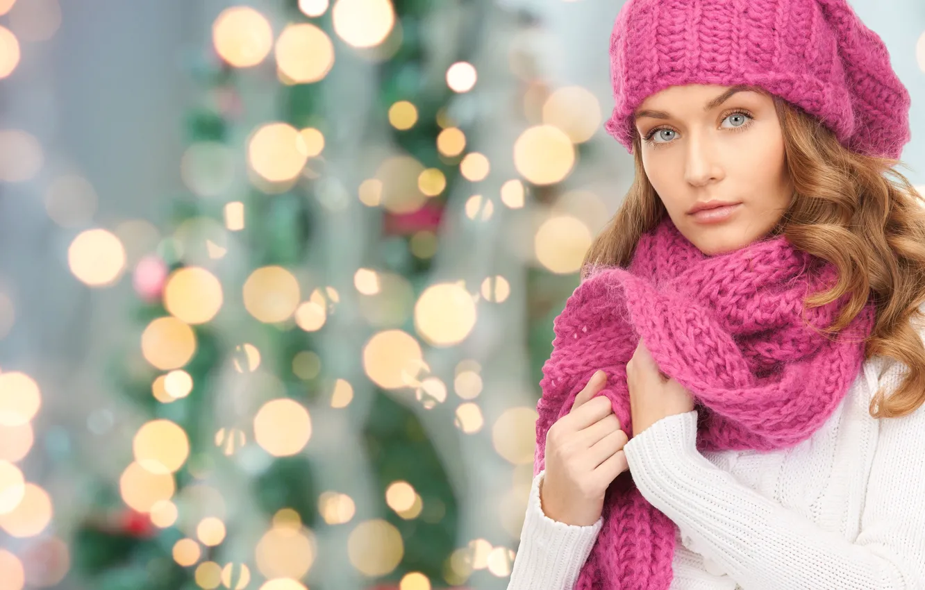 Photo wallpaper look, girl, face, hat, scarf, New year, bokeh