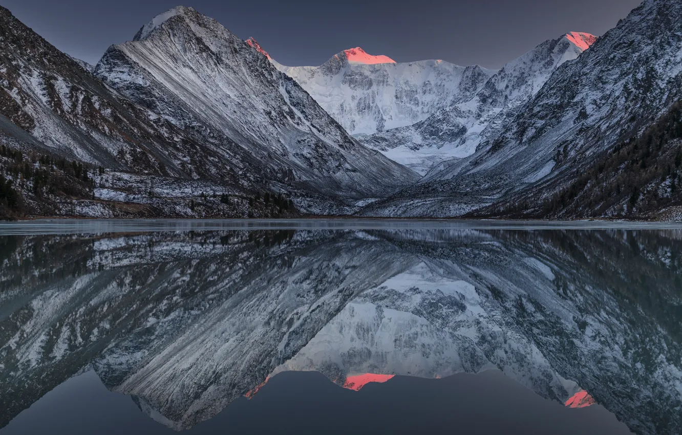 Photo wallpaper the sky, snow, sunset, mountains, nature, lake, rocks, the evening