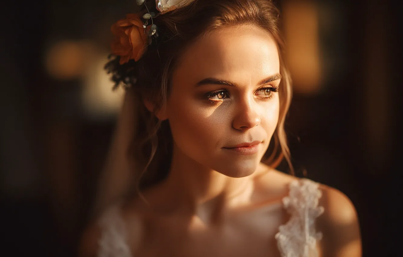 Photo wallpaper look, girl, light, portrait, the bride, wreath, veil, digital art