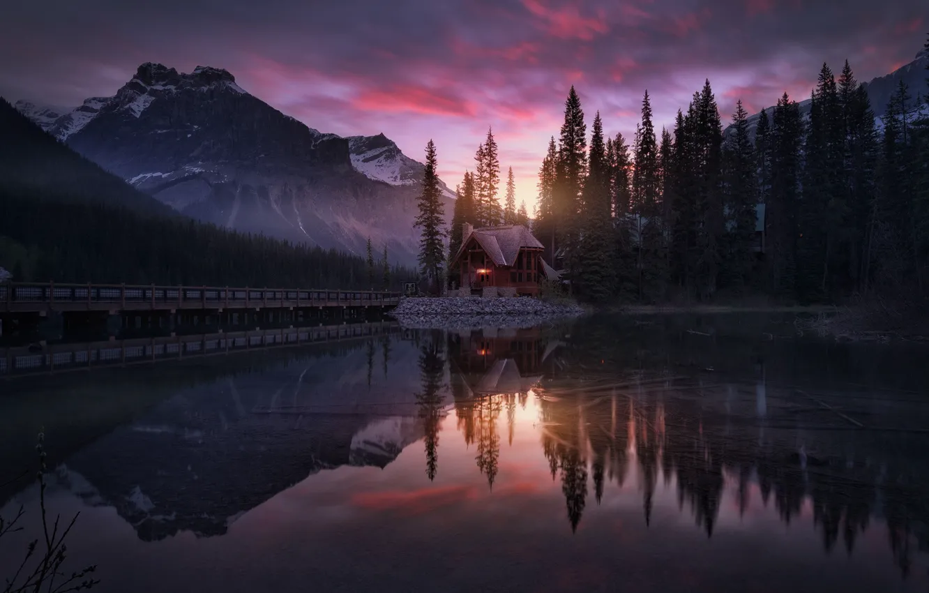 Photo wallpaper reflection, mountains, lake, house, morning, Canada, Jasper