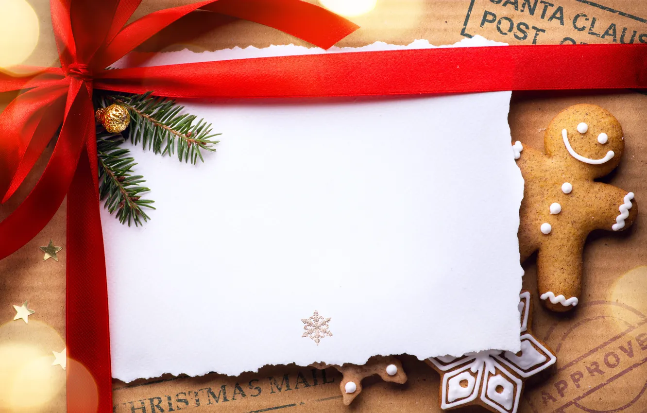 Photo wallpaper holiday, new year, bow, postcard, caramel, gingerbread, fir-tree branches