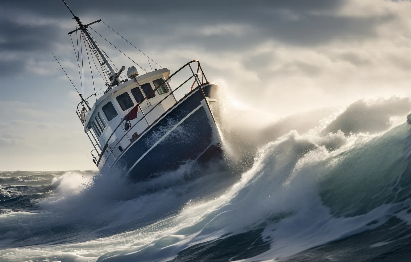 Photo wallpaper Sea, Ship, Wave, Storm, Digital art, AI art, The Art of Artificial Intelligence, Neural network