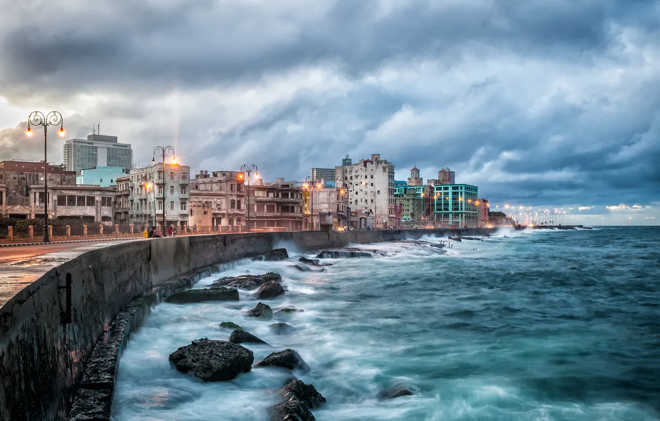 Photo wallpaper sea, clouds, the city, stones, home, lighting, lights, promenade