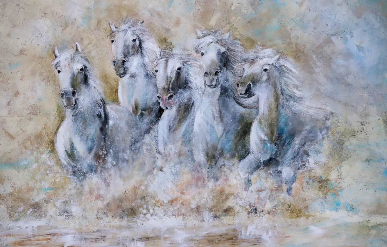 Photo wallpaper water, horses, horse, the herd