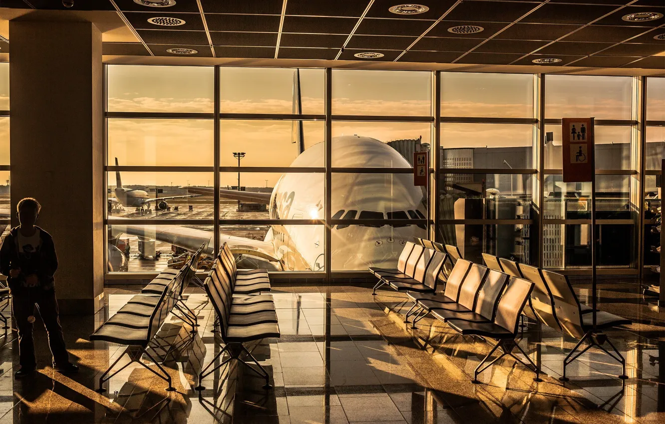 Photo wallpaper sunset, sunrise, Airport, planes, airport, A380, The plane, Lufthansa