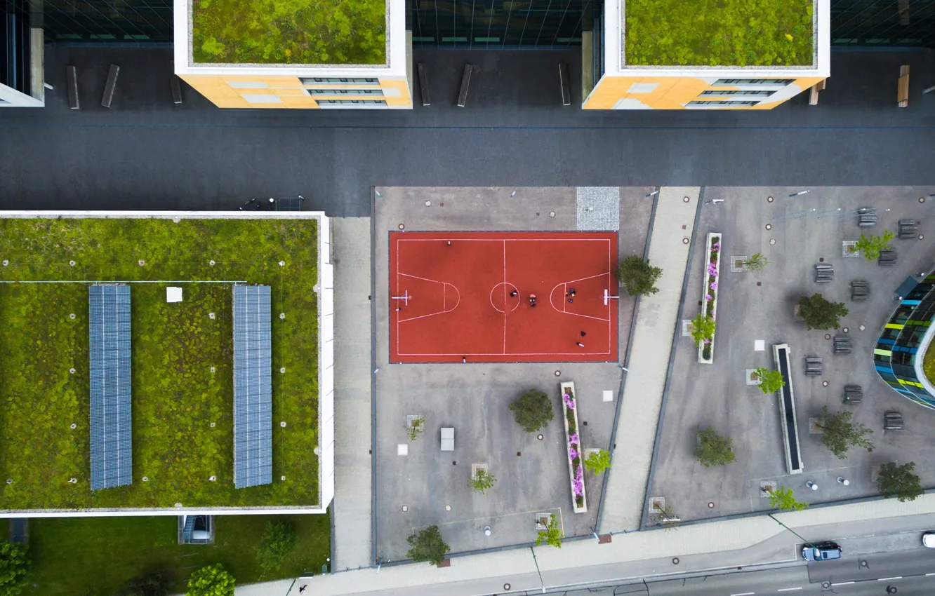 Photo wallpaper machine, the city, street, home, the view from the top, solar panels, from the height, …