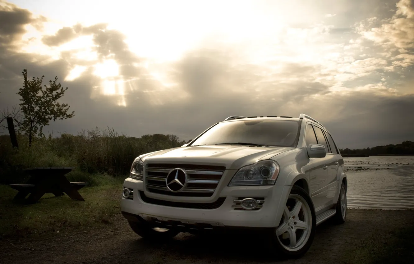 Photo wallpaper white, machine, the evening, mercedes-benz