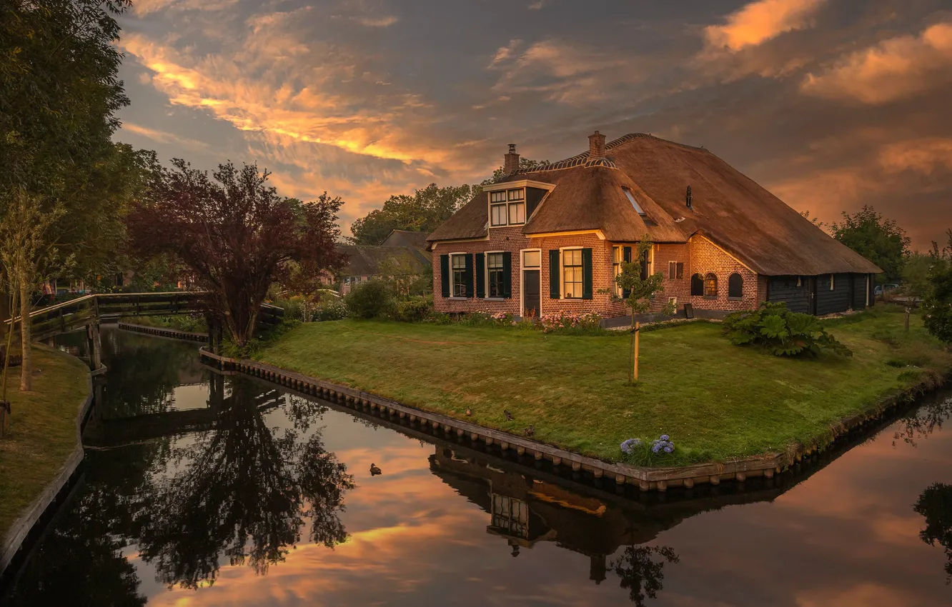 Photo wallpaper home, flowers, reflection, shore, channel, the evening, house, lawn