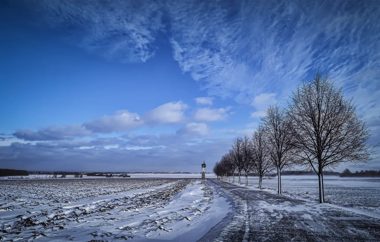 Photo wallpaper winter, road, field, nature