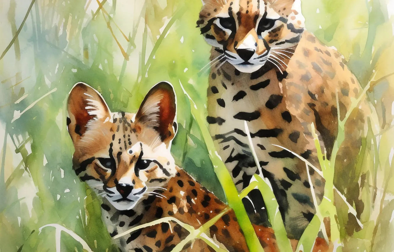 Photo wallpaper grass, look, predator, art, two, big cats, Serval, digital art