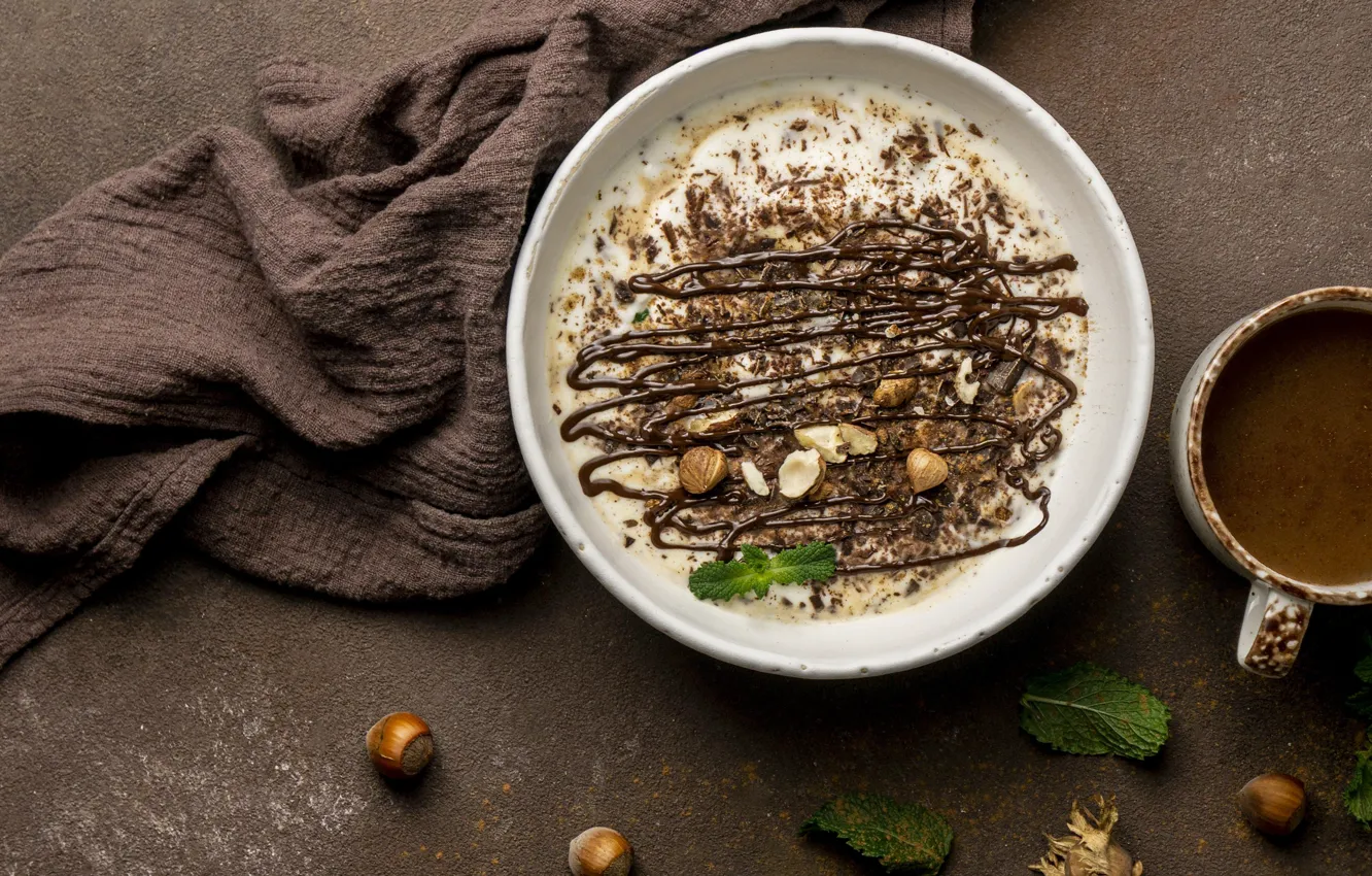 Photo wallpaper food, chocolate, towel, bowl, nuts, cream, dessert, sweet