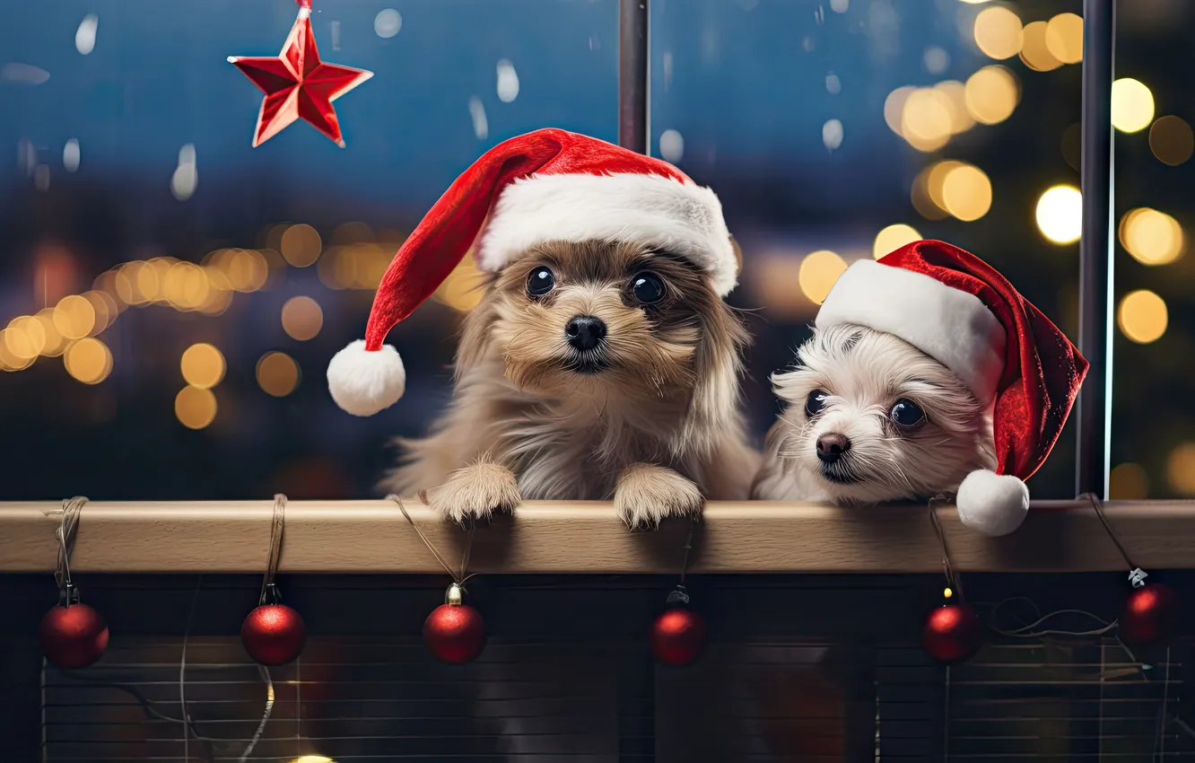 Photo wallpaper dogs, look, lights, dog, Christmas, gifts, New year, friends