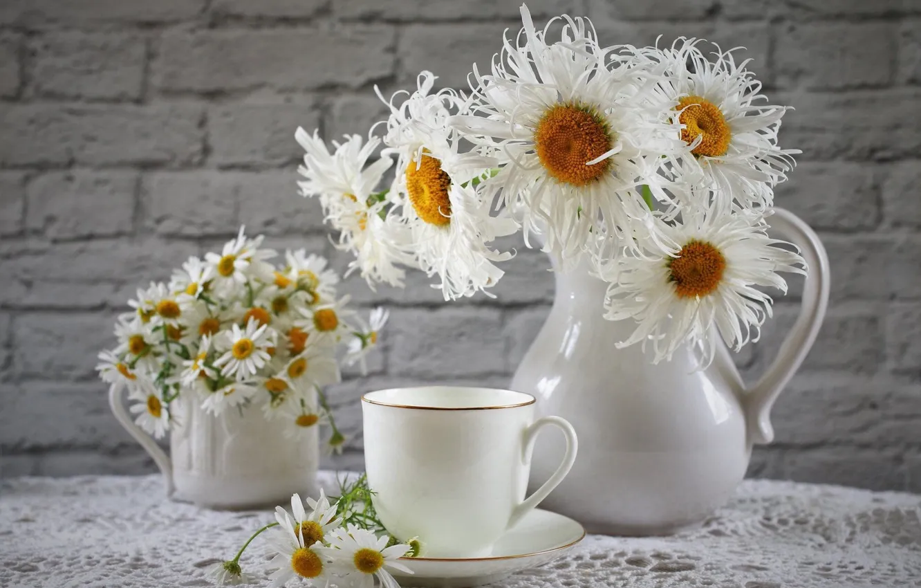 Photo wallpaper white, flowers, wall, chamomile, bouquet, mug, Cup, dishes