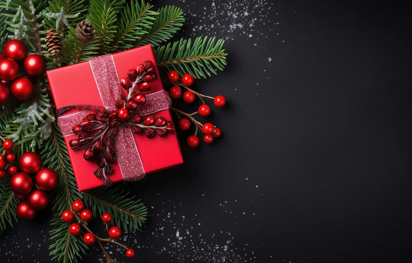 Photo wallpaper decoration, berries, background, gift, new year, Christmas, red, Christmas