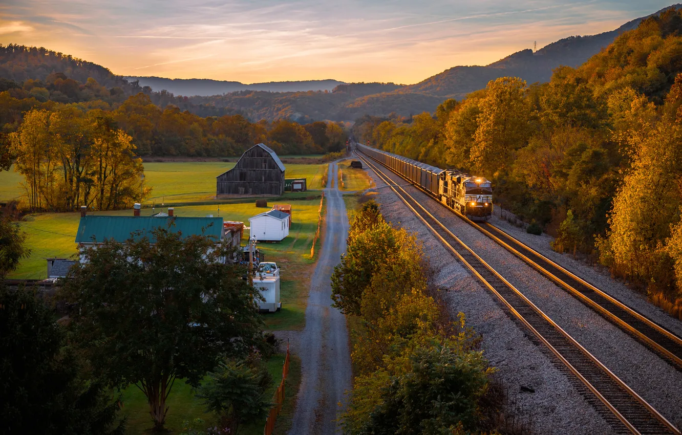 Photo wallpaper autumn, trees, train, railroad, USA, Virginia, Isaac Fulford