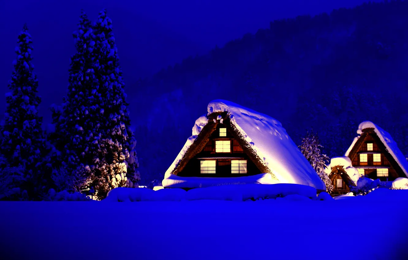 Photo wallpaper winter, light, snow, trees, mountains, home, ate, houses