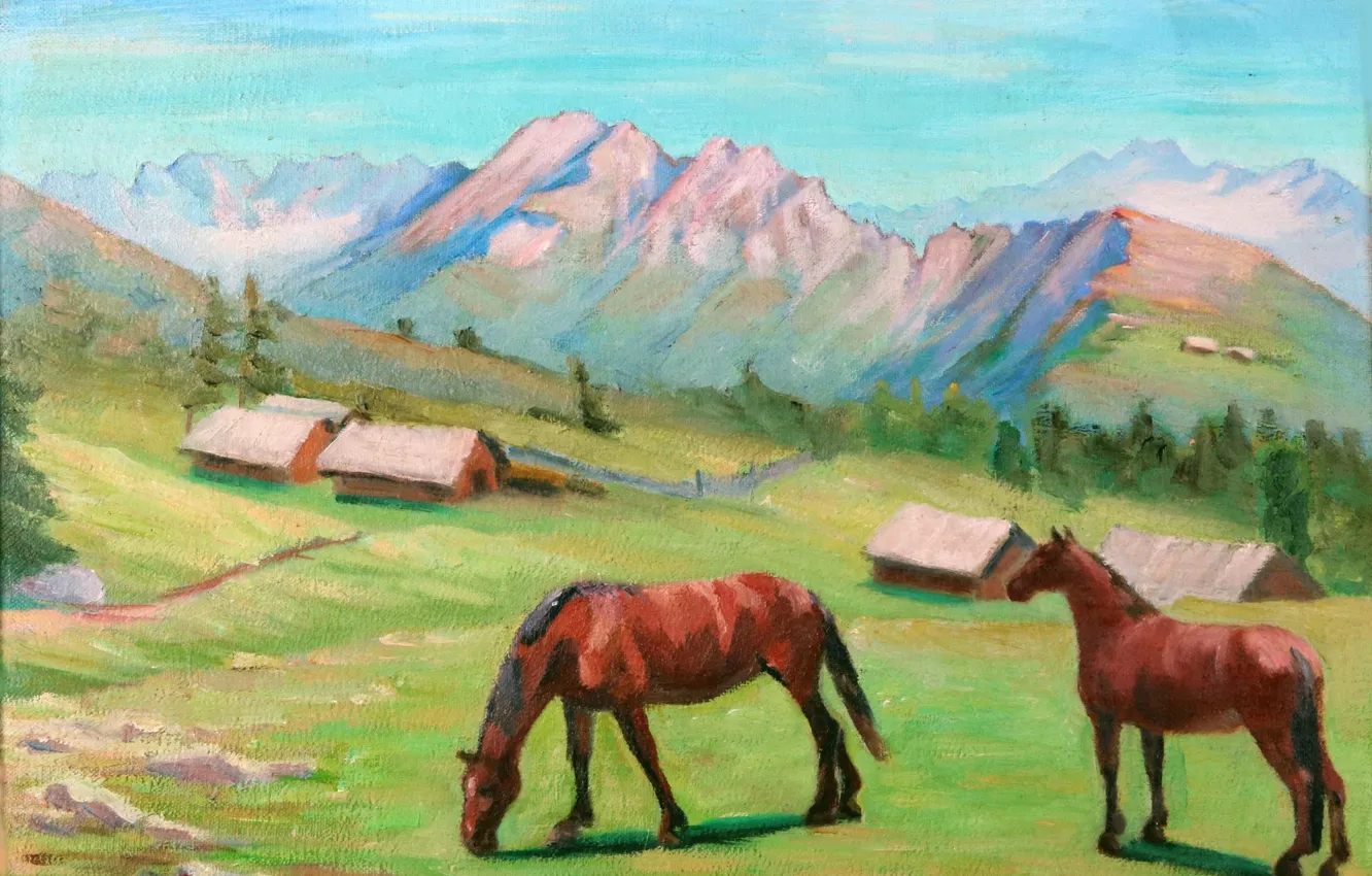 Photo wallpaper mountains, horse, home, picture, Austrian artist, Arnold Klemensic, Arnold Clementschitsch, Alpine landscape with horses