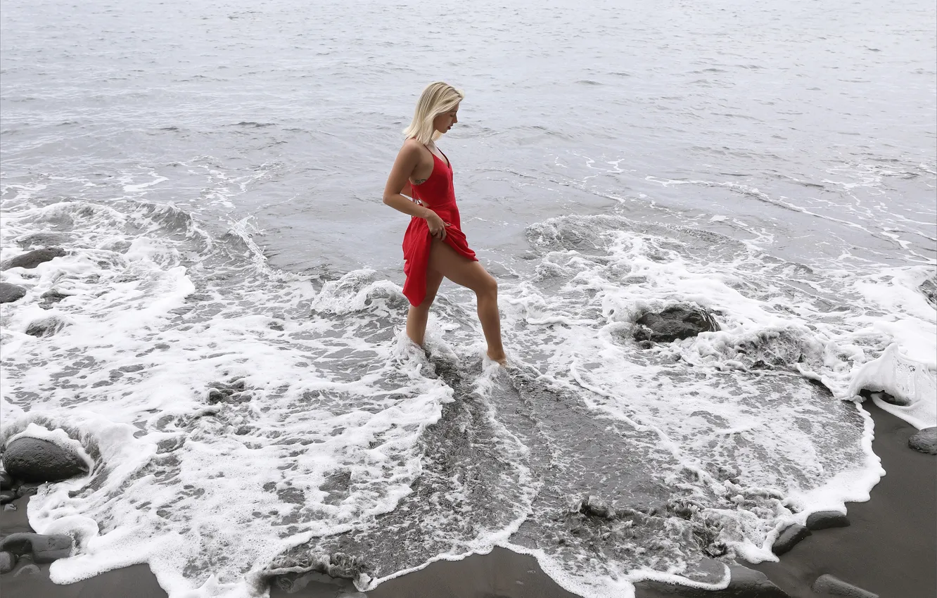 Photo wallpaper walking in the surf, barefoot girl, red dress, beach, photoshoot, bewitching beauty, sexy angel, gorgeous