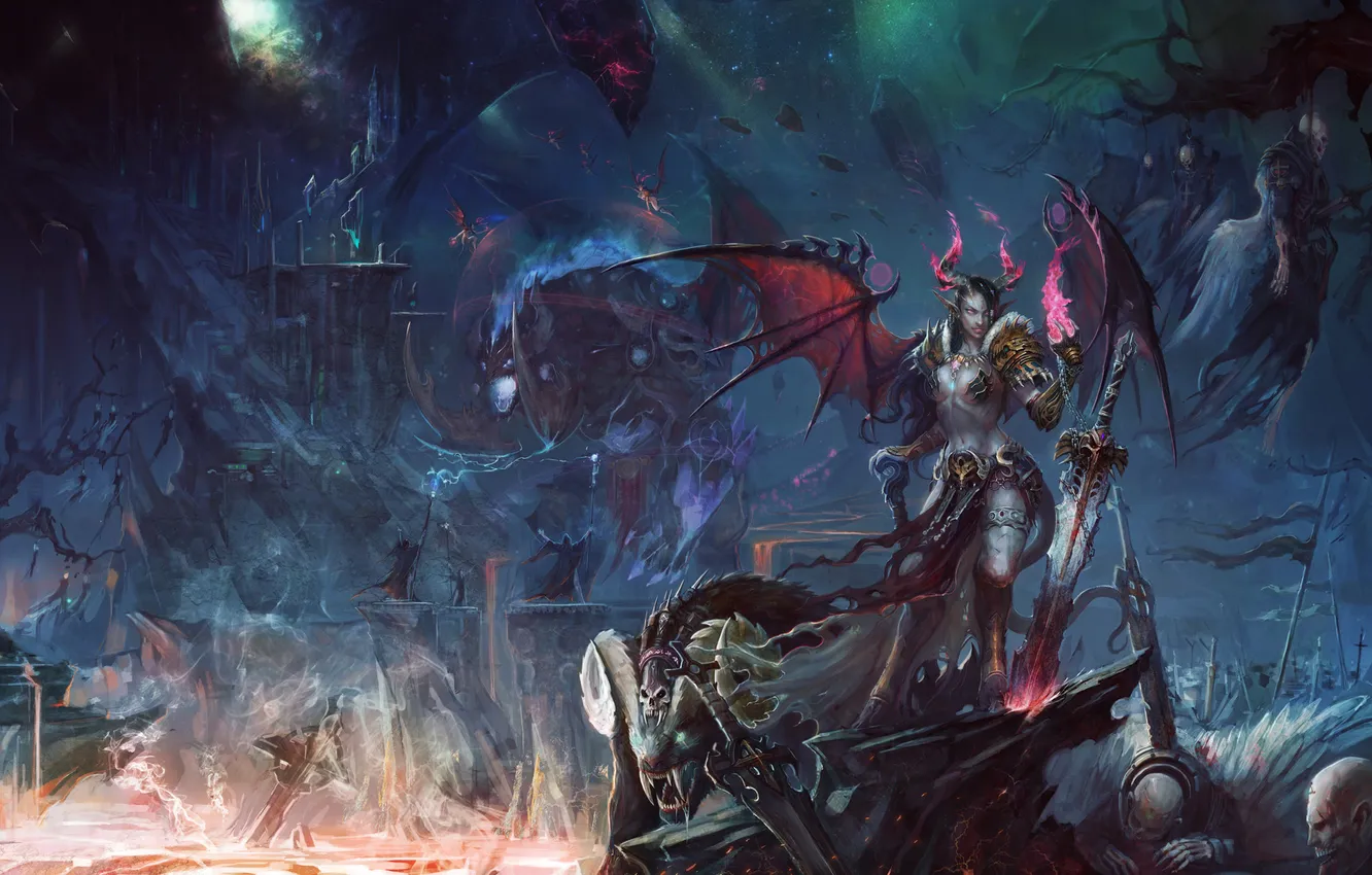 Photo wallpaper girl, rocks, wings, monster, art, lava, cave, demoness