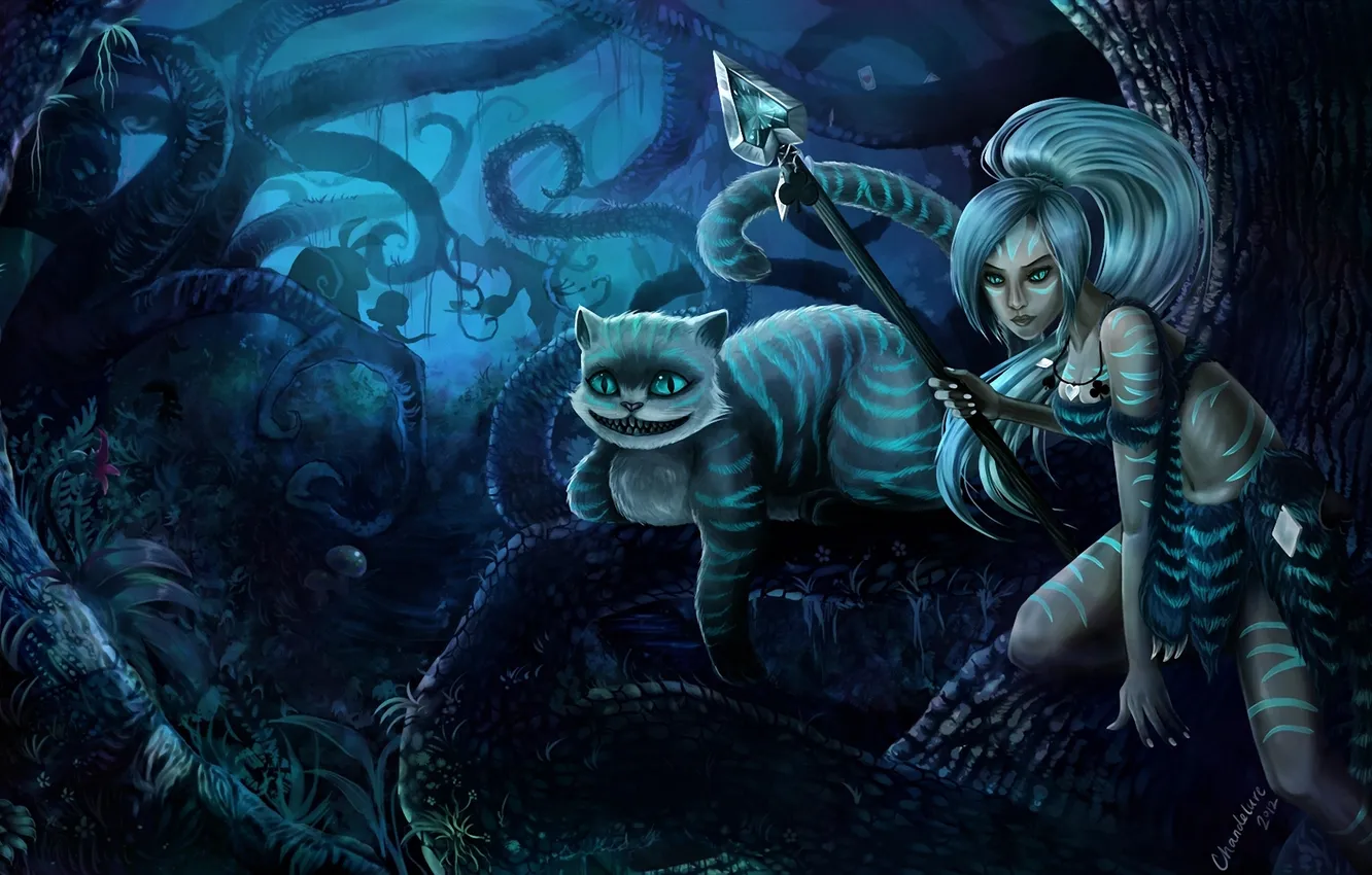 Photo wallpaper forest, cat, girl, thicket, art, spear, League of Legends, LoL