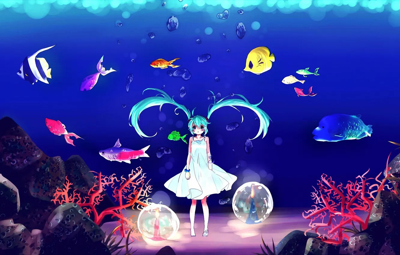 Photo wallpaper fish, fish, bubbles, art, girl, Kawai, vocaloid, hatsune miku