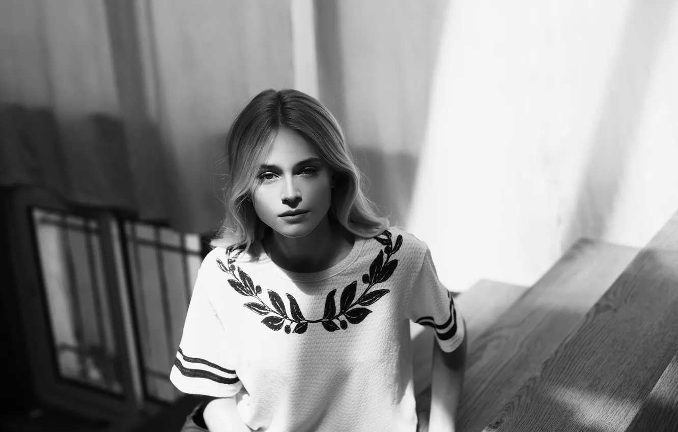 Photo wallpaper look, girl, blonde, black and white