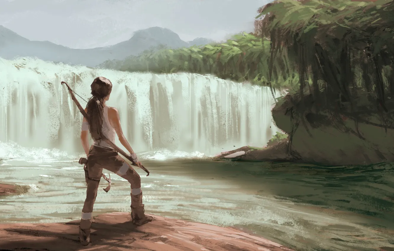 Photo wallpaper girl, island, waterfall, bow, art, Tomb Raider, Lara Croft, Lara Croft
