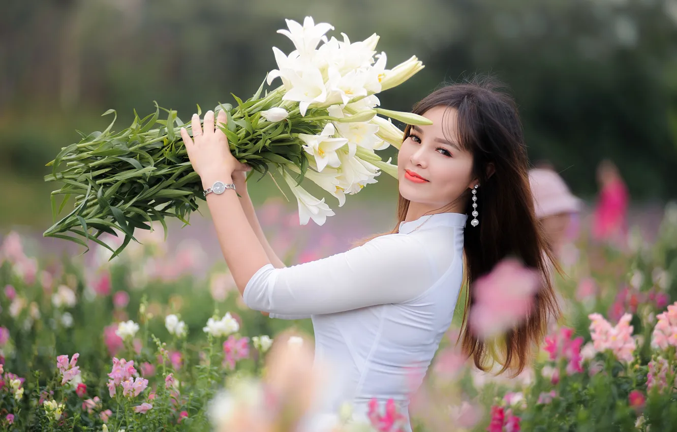 Photo wallpaper girl, flowers, smile, sweetheart, bouquet, Asian, bokeh