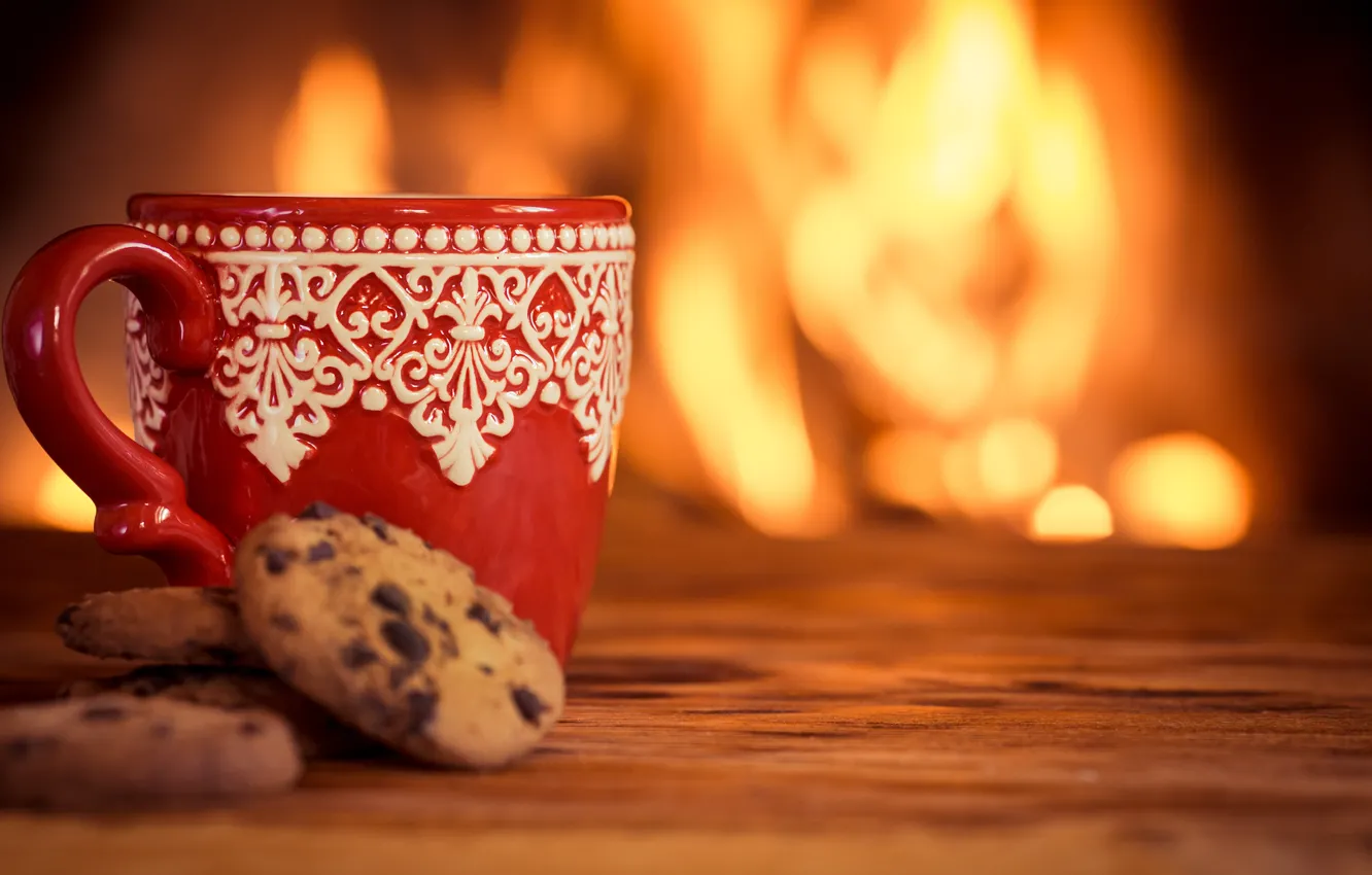 Photo wallpaper winter, coffee, hot, cookies, Cup, fire, fireplace, cup