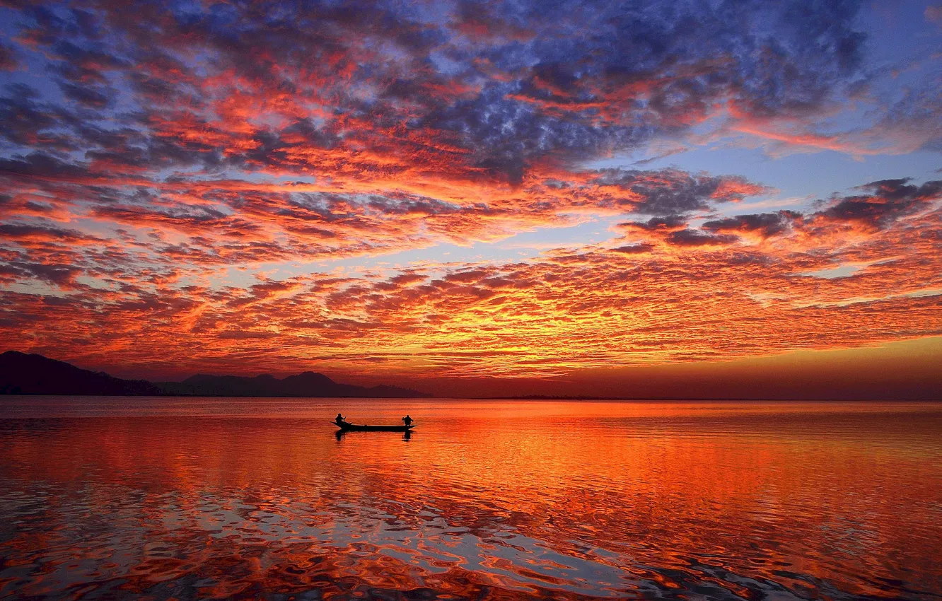 Photo wallpaper reflection, boat, beauty, space, sunset, sunset, beauty, reflection