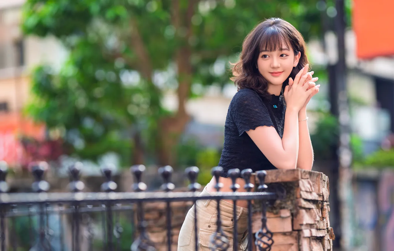 Photo wallpaper girl, pose, smile, fence, hands, Asian
