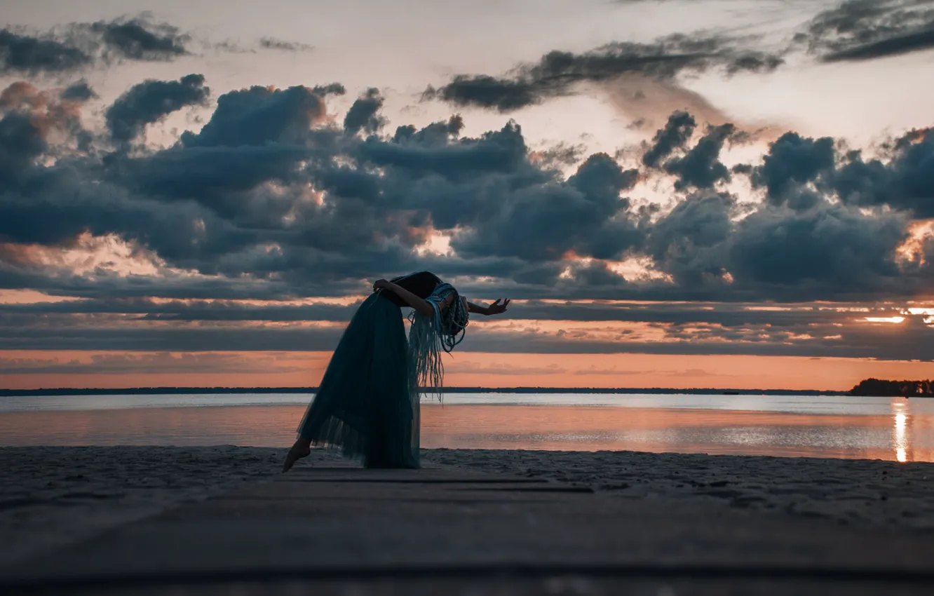 Photo wallpaper sea, the sky, girl, clouds, sunset, pose, shore, the evening