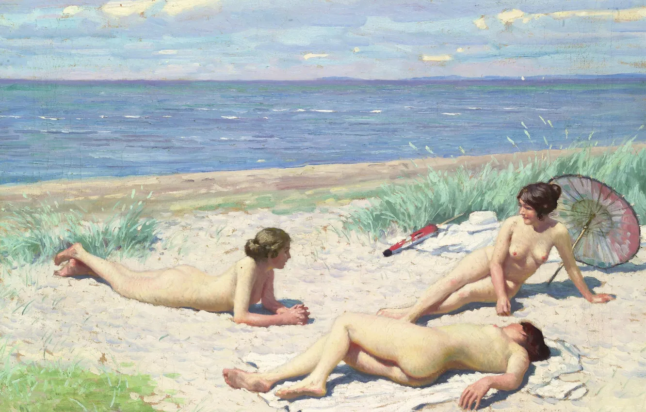Photo wallpaper girl, picture, Nude, on the beach, coast, Danish painter, Paul Gustav Fischer, Paul Gustav Fischer
