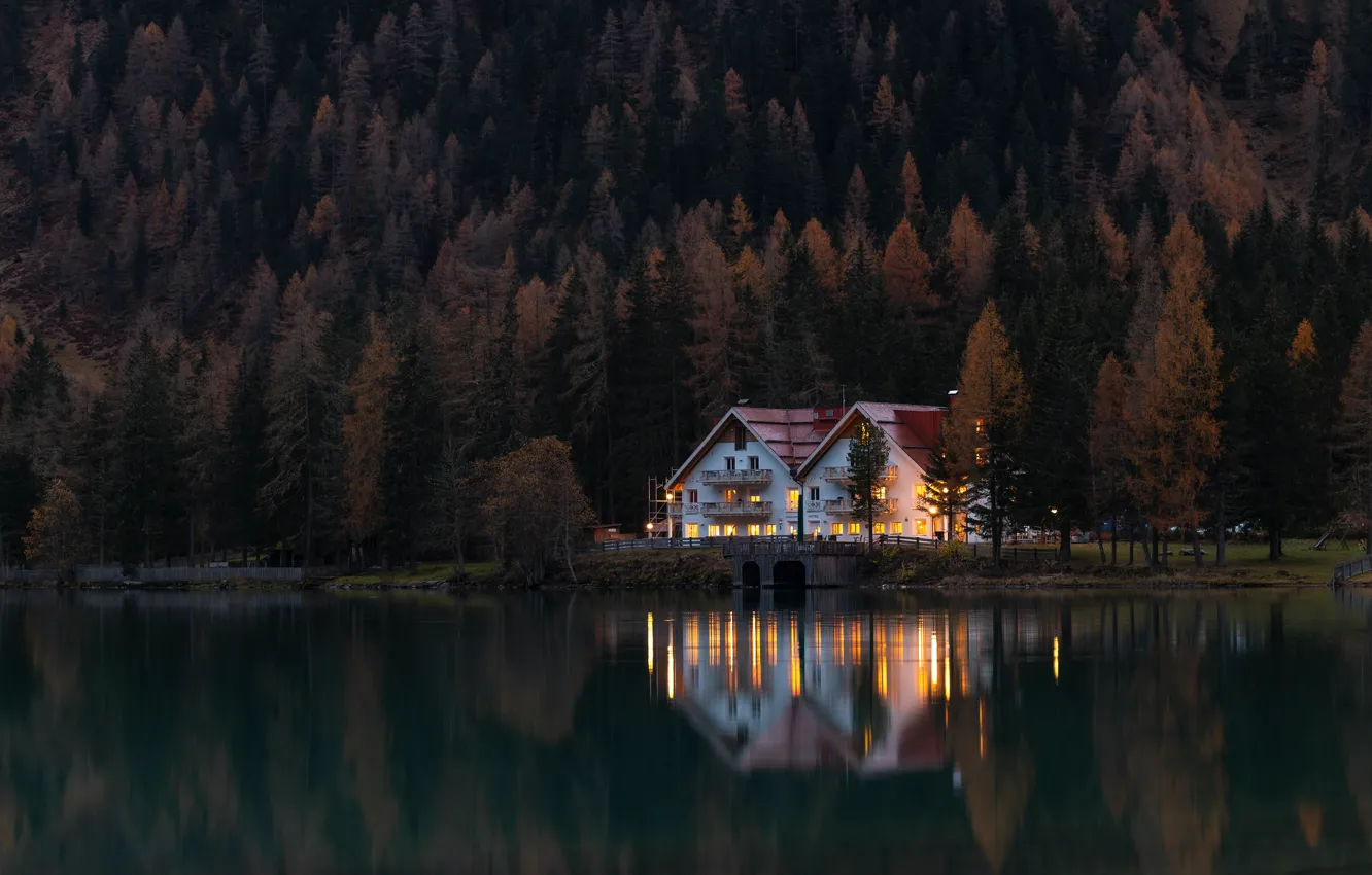 Photo wallpaper trees, lake, trees, water surface, lake, water surface, Eberhard Gross Gasteiger, house on the shore