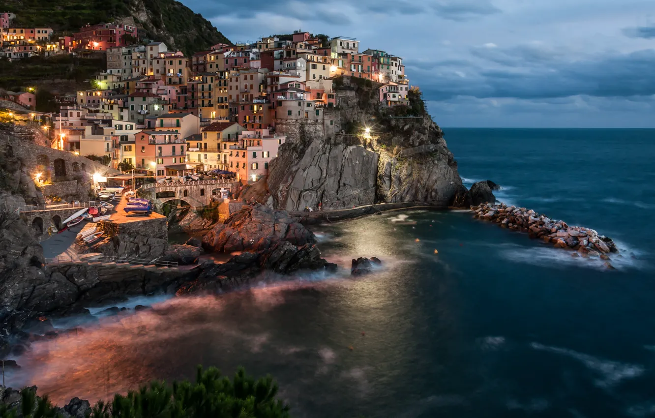 Photo wallpaper sea, landscape, night, nature, rock, home, lighting, Italy