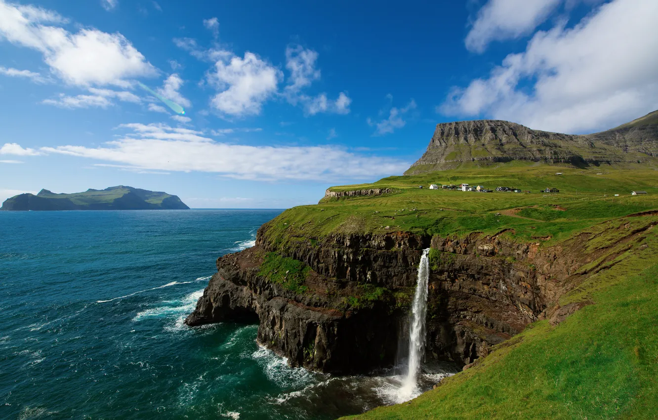Photo wallpaper the sky, clouds, mountains, rocks, waterfall, village, on the edge, The Atlantic ocean