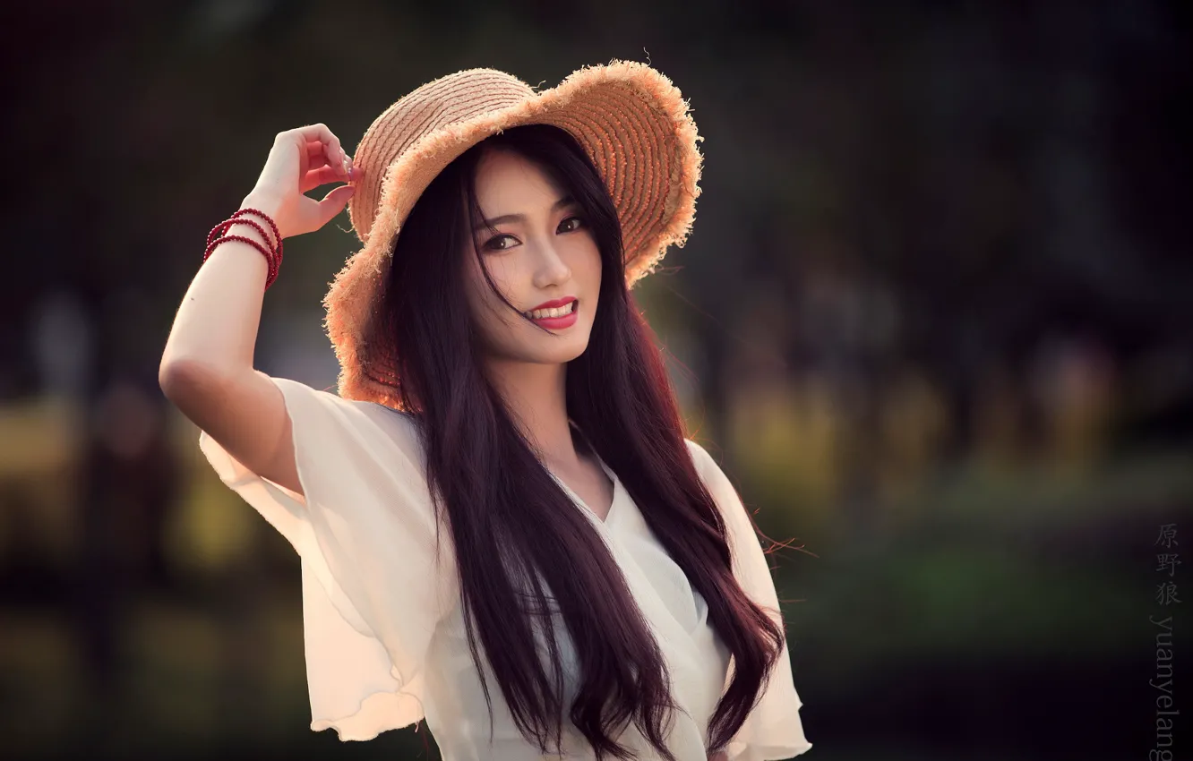 Photo wallpaper look, the sun, pose, smile, background, model, portrait, hat