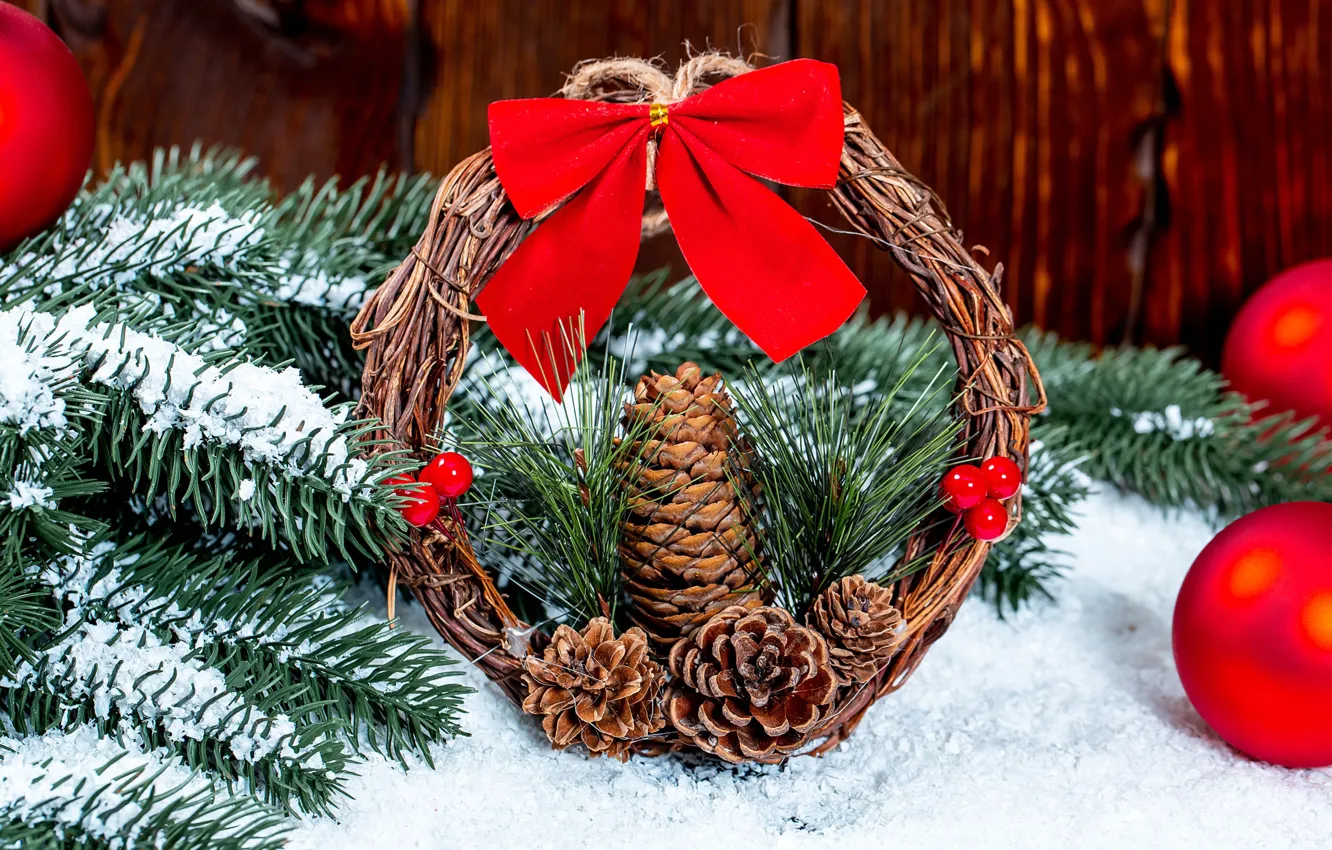 Photo wallpaper snow, branches, photo, new year, bow, wreath, bumps