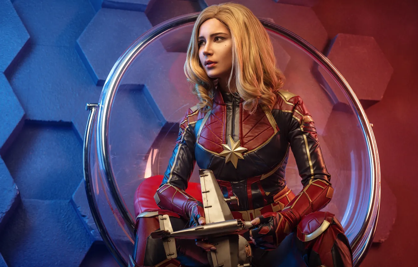 Photo wallpaper girl, blonde, Captain Marvel, cosplay model, OichiChan, OICHI