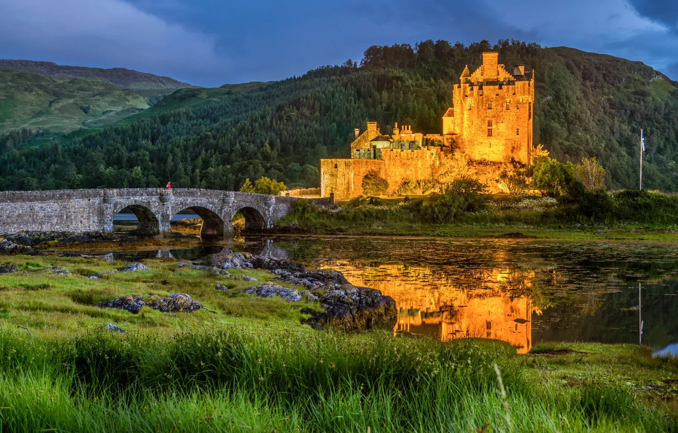 Photo wallpaper forest, grass, sunset, mountains, bridge, lake, stones, castle