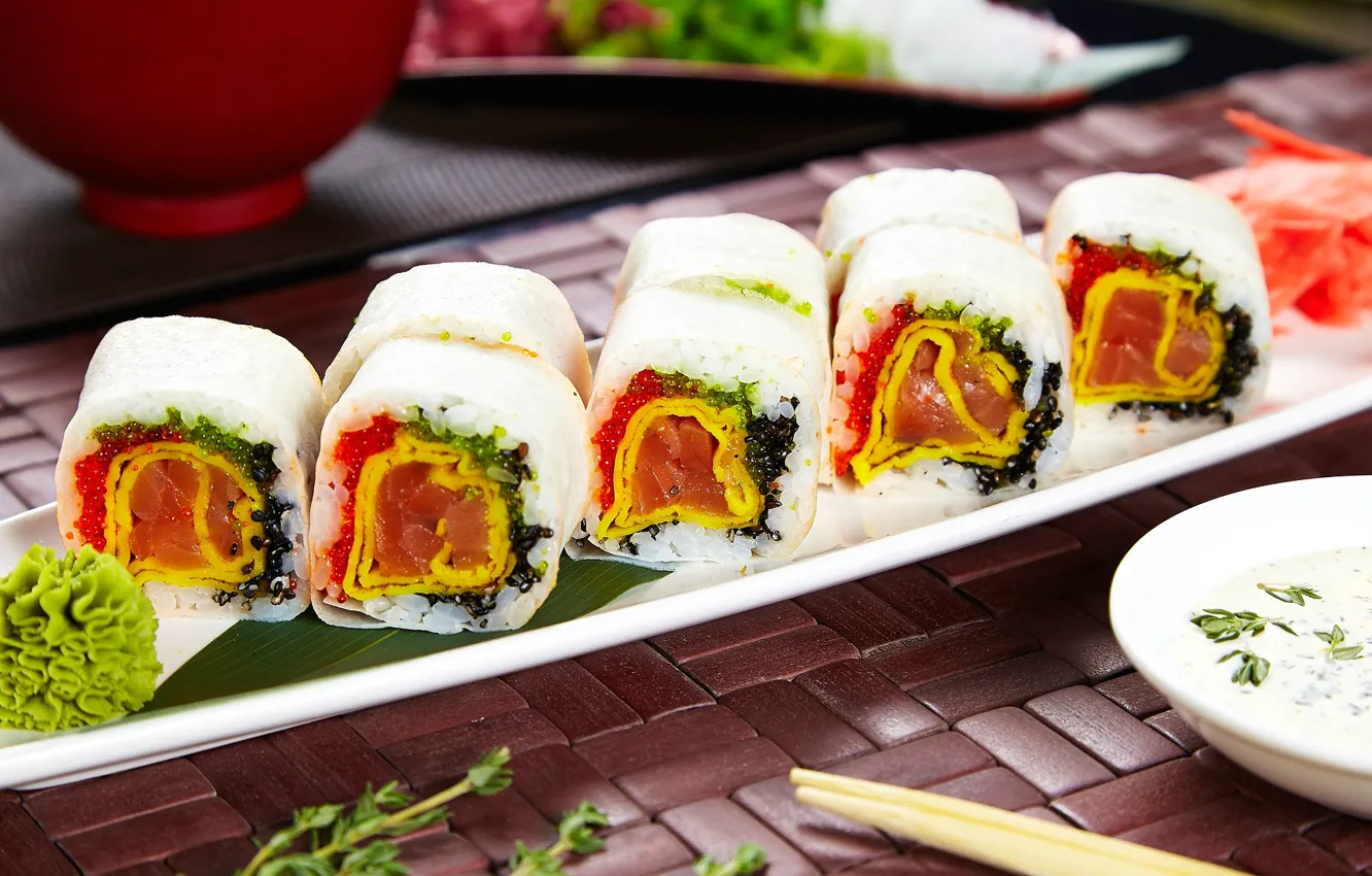 Photo wallpaper sauce, sushi, rolls, wasabi, filling