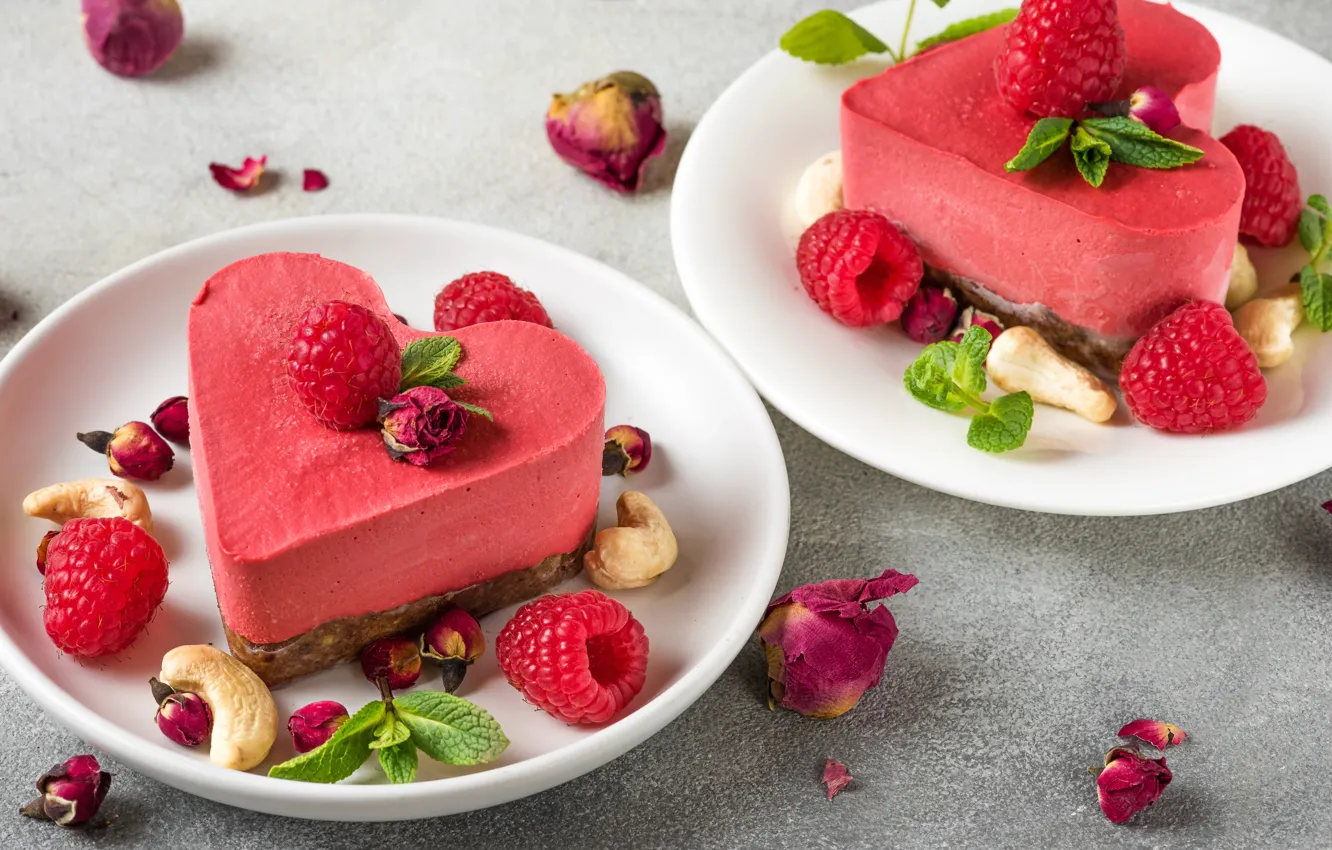 Photo wallpaper berries, strawberry, plate, hearts, cake, nuts, dessert, souffle