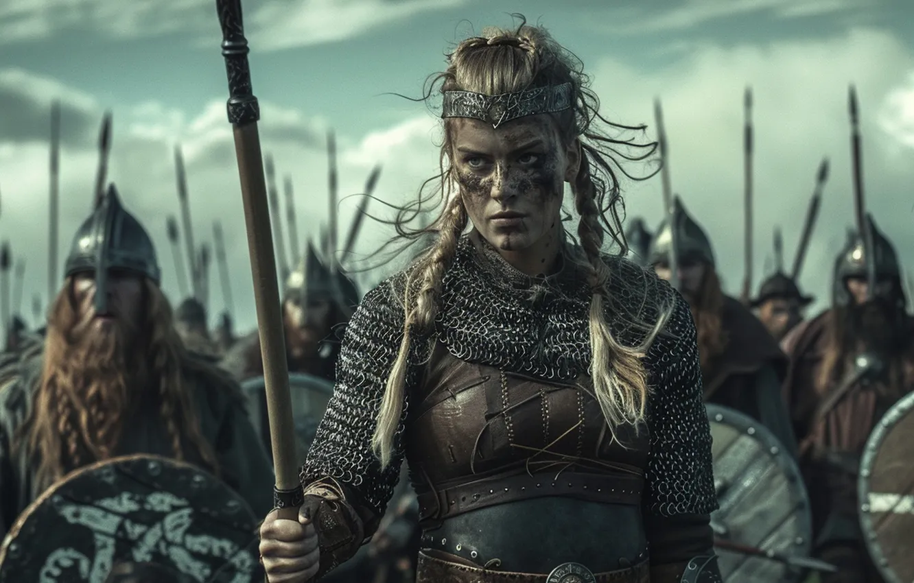 Photo wallpaper girl, helmet, male, spear, shield, warrior, digital art, The Vikings