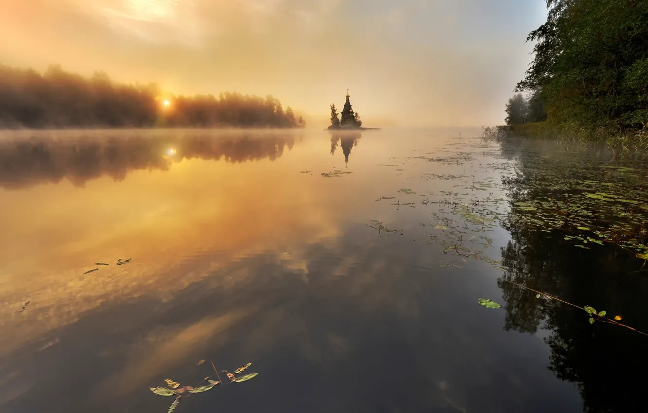 Photo wallpaper autumn, temple, Russia, Vuoksa, lake-river system