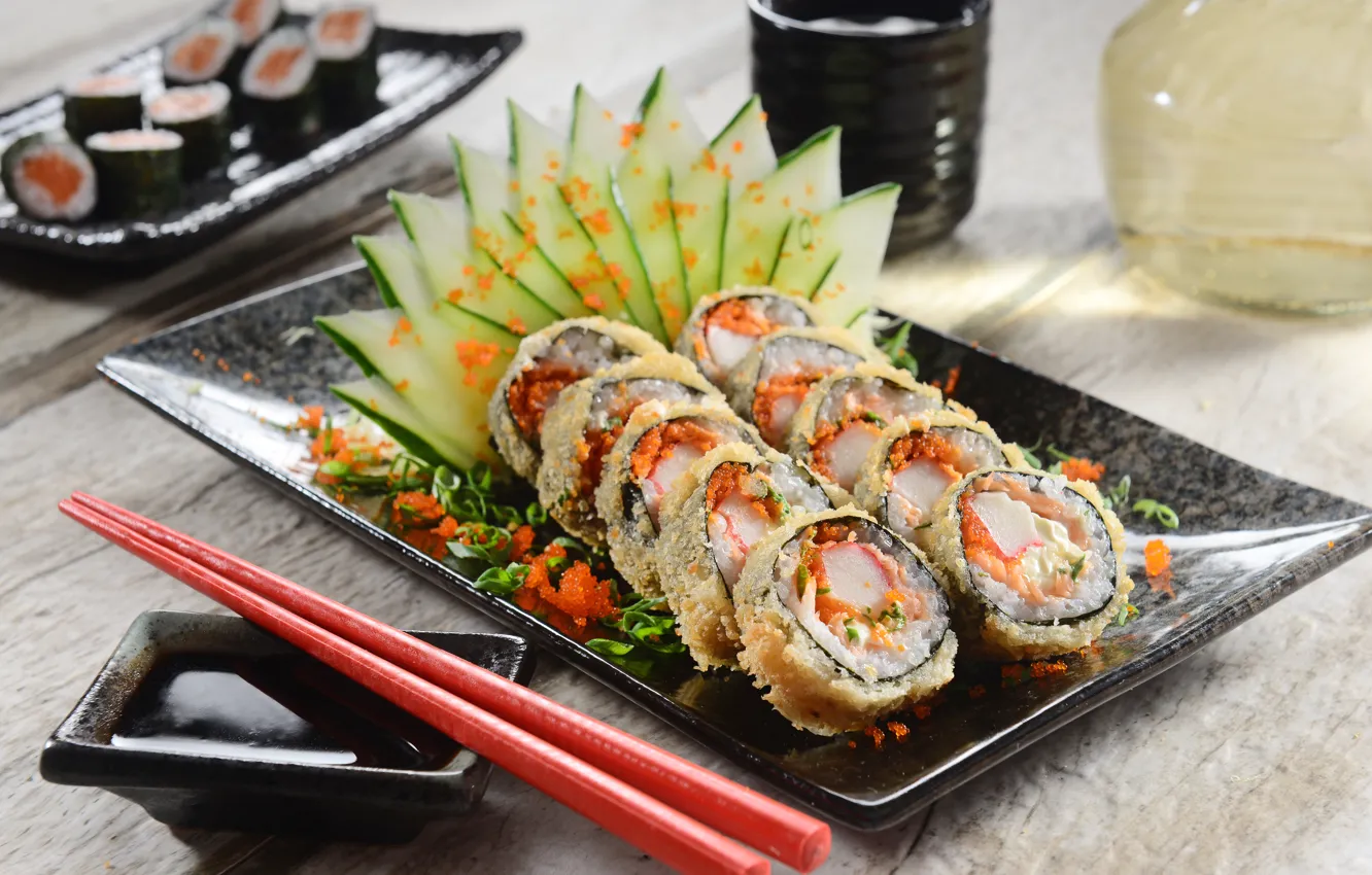 Photo wallpaper greens, vegetables, rolls, sushi, sushi, rolls, Japanese cuisine, greenery
