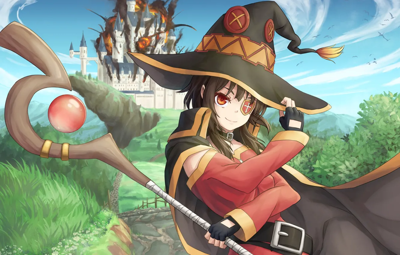 Photo wallpaper girl, the explosion, castle, MAG, staff, anime, art, Kono Subarashii sek'ai is Shukufuku wo