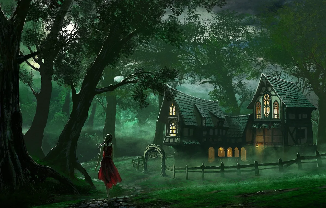 Photo wallpaper forest, girl, home, art, track, house, red dress, edli